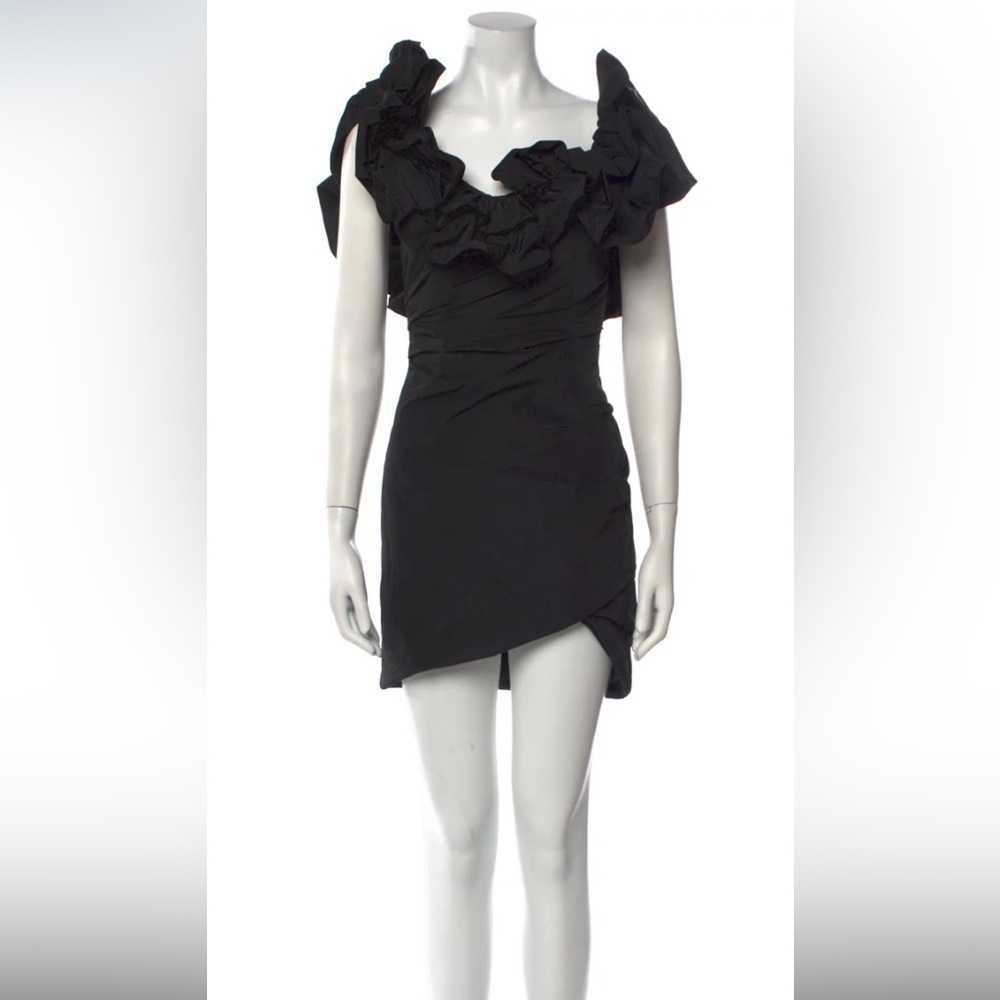 Alexis black asymmetrical off shoulder dress.